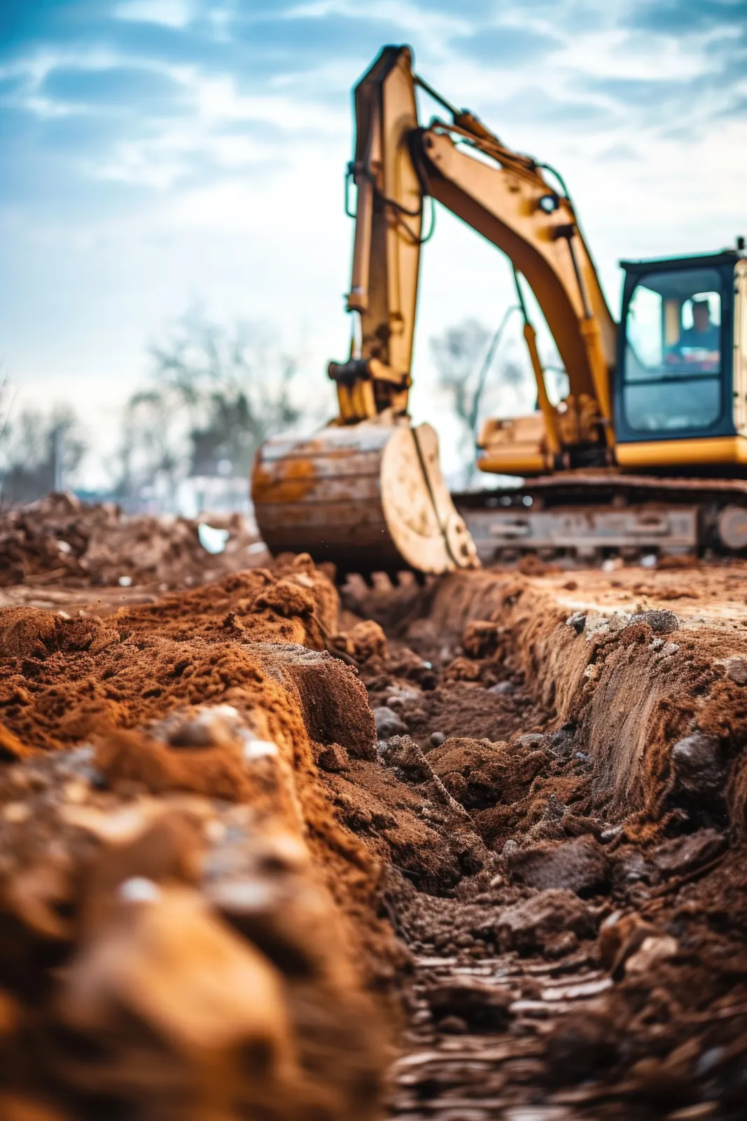 Excavadora abriendo una zanja en obra